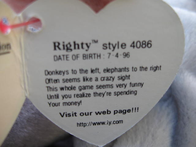 Ty Original Righty The Republican Elephant Retired Beanie Baby