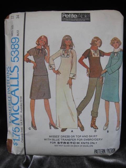 New Vintage McCall's 5389 Hippie Dress or Top Skirt With Blue Transfer For Embroidery Sewing Pattern Size 12 1970's