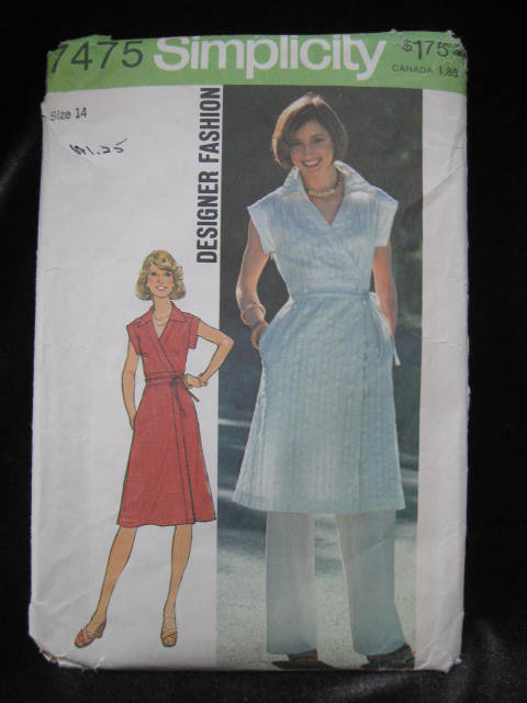 New Vintage Simplicity 7475 Misses' Front Wrap Dress & Pants Sewing Pattern Size 14 1970's