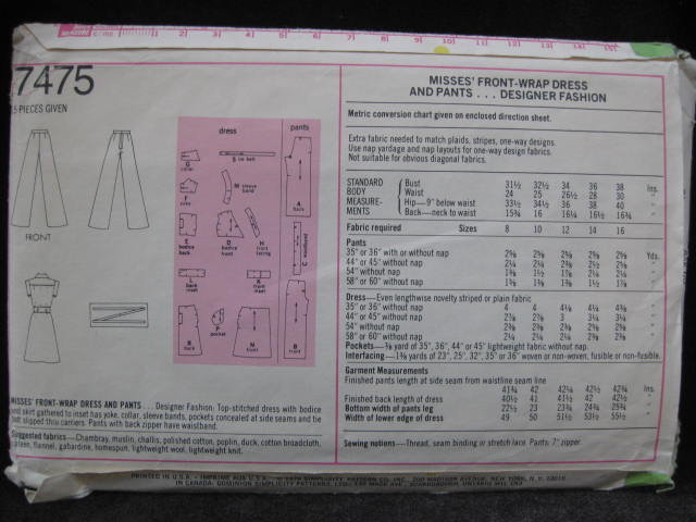 New Vintage Simplicity 7475 Misses' Front Wrap Dress & Pants Sewing Pattern Size 14 1970's