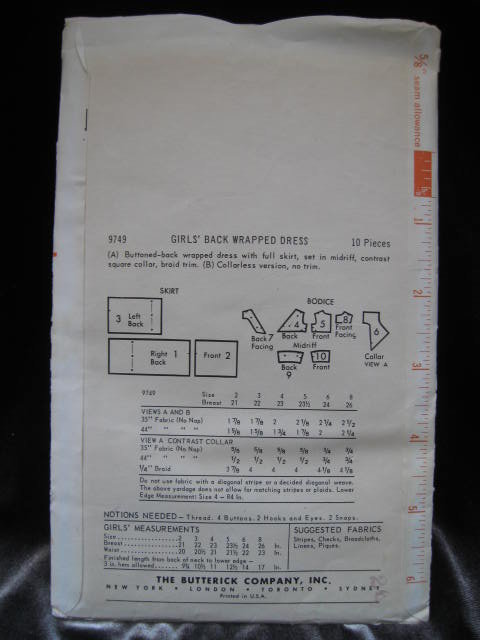 Vintage Butterick 9749 Girl's Sun Dress or Back Wrapped Dress Sewing Pattern Size 8 1950's or 1960's