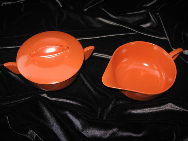 Vintage Orange Melmac Melamine Sugar With Lid & Creamer Set