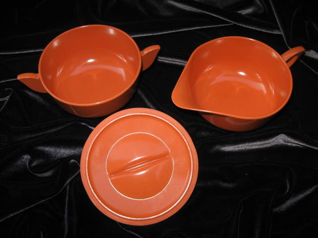 Vintage Orange Melmac Melamine Sugar With Lid & Creamer Set