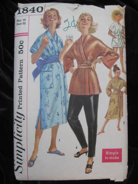 Vintage Simplicity 1840 Asian Style Junior Misses' Robe, Beach Coat Lounge Coat Cummerbund & Pants Sewing Pattern