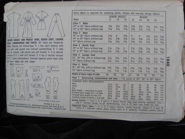 Vintage Simplicity 1840 Asian Style Junior Misses' Robe, Beach Coat Lounge Coat Cummerbund & Pants Sewing Pattern