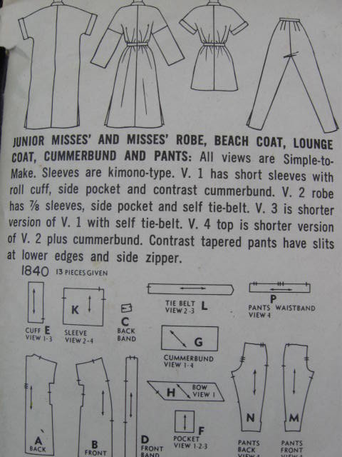 Vintage Simplicity 1840 Asian Style Junior Misses' Robe, Beach Coat Lounge Coat Cummerbund & Pants Sewing Pattern