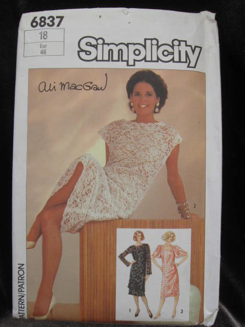New Vintage Simplicity 6838 Lace Dresses Ali MacGraw 1980's Size 18 Sewing Pattern