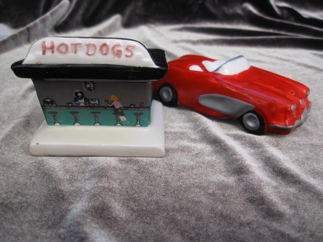 Hot Dogs Drive In & Roadster Convertible Five & Dime Salt & Pepper Shakers