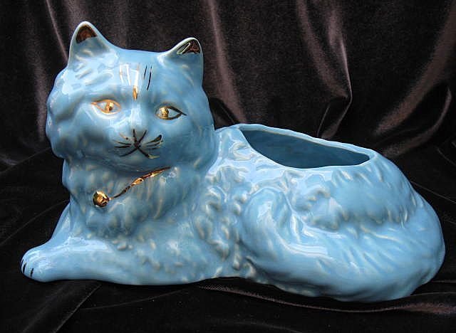 Vintage Turquoise Blue & Gold Cat Planter