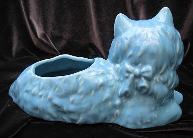 Vintage Turquoise Blue & Gold Cat Planter