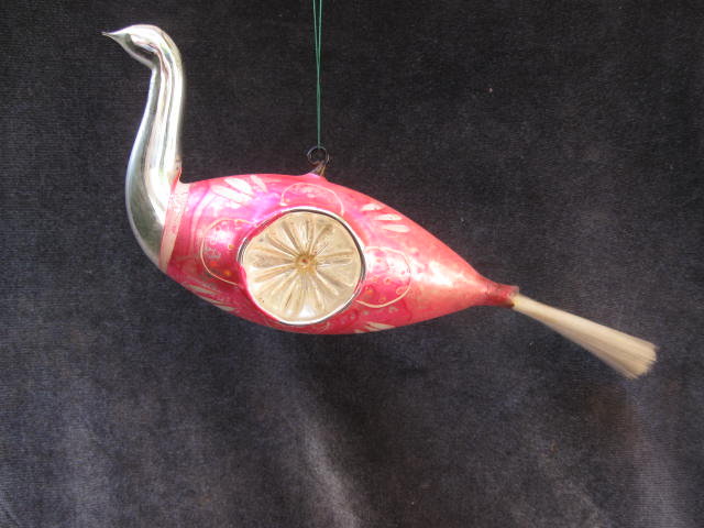 Large Indent Pink Glass Bird With Spun Tail Christmas Ornament