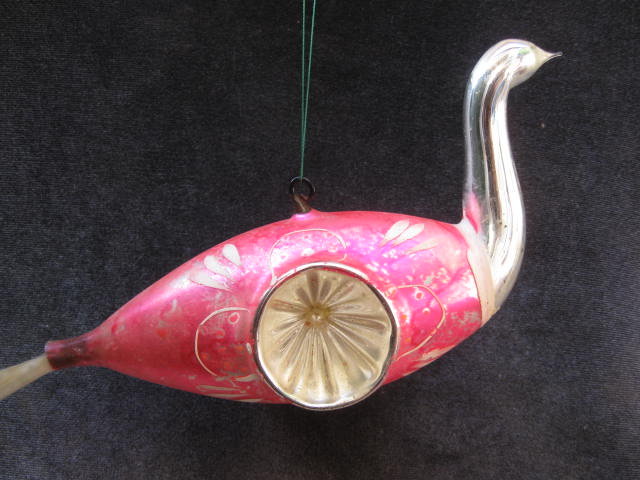 Large Indent Pink Glass Bird With Spun Tail Christmas Ornament