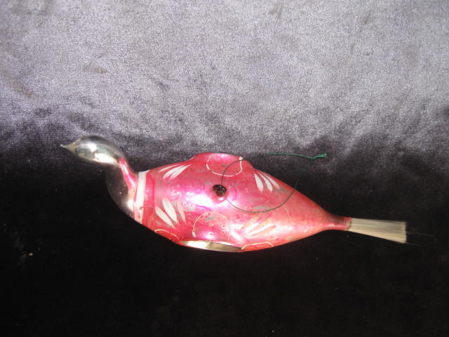 Large Indent Pink Glass Bird With Spun Tail Christmas Ornament