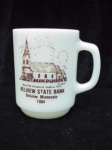 Fire King Advertising Bank Milk Glass Mug With Church *** Advertising Error***