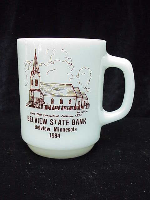 Fire King Advertising Bank Milk Glass Mug With Church *** Advertising Error***
