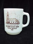 Fire King Advertising Bank Milk Glass Mug With Church *** Advertising Error***