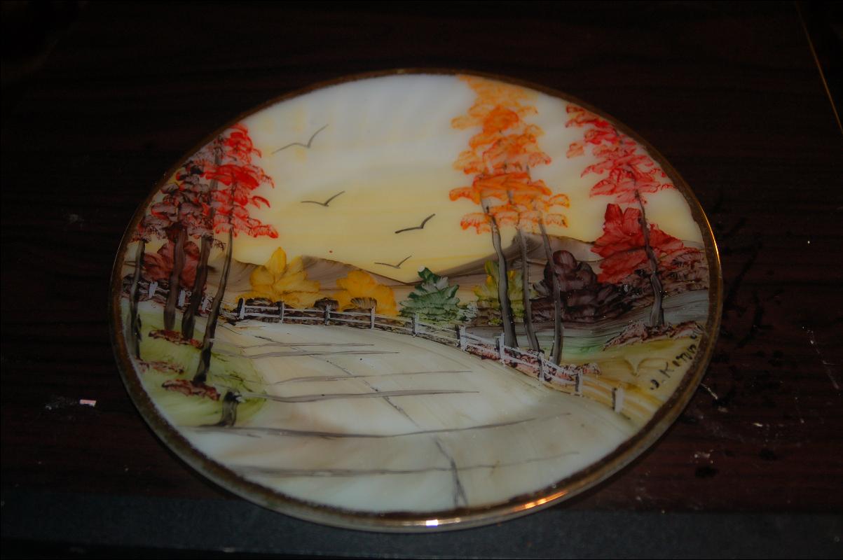 FIRE KING GLASS PLATE WITH ARTIST SIGNED HAND PAINTED COUNTRY ROAD SCENIC