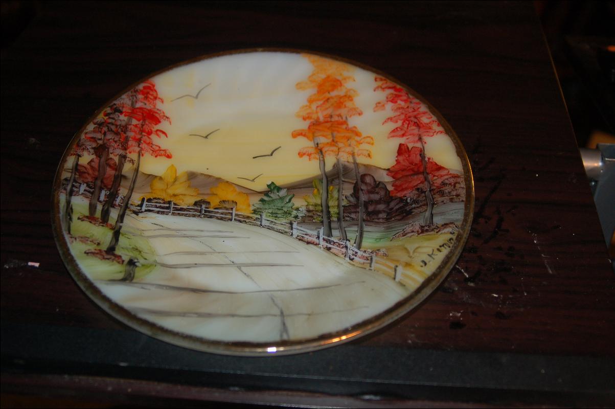 FIRE KING GLASS PLATE WITH ARTIST SIGNED HAND PAINTED COUNTRY ROAD SCENIC