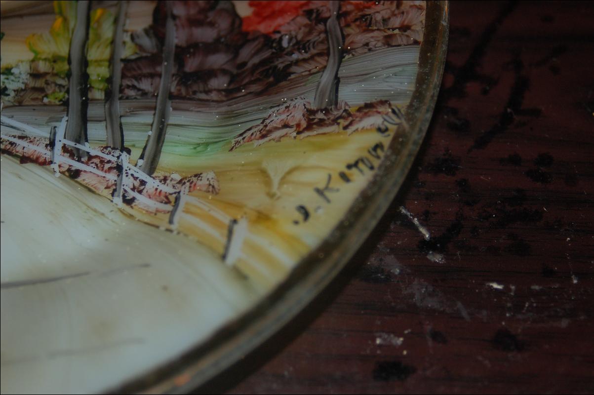 FIRE KING GLASS PLATE WITH ARTIST SIGNED HAND PAINTED COUNTRY ROAD SCENIC