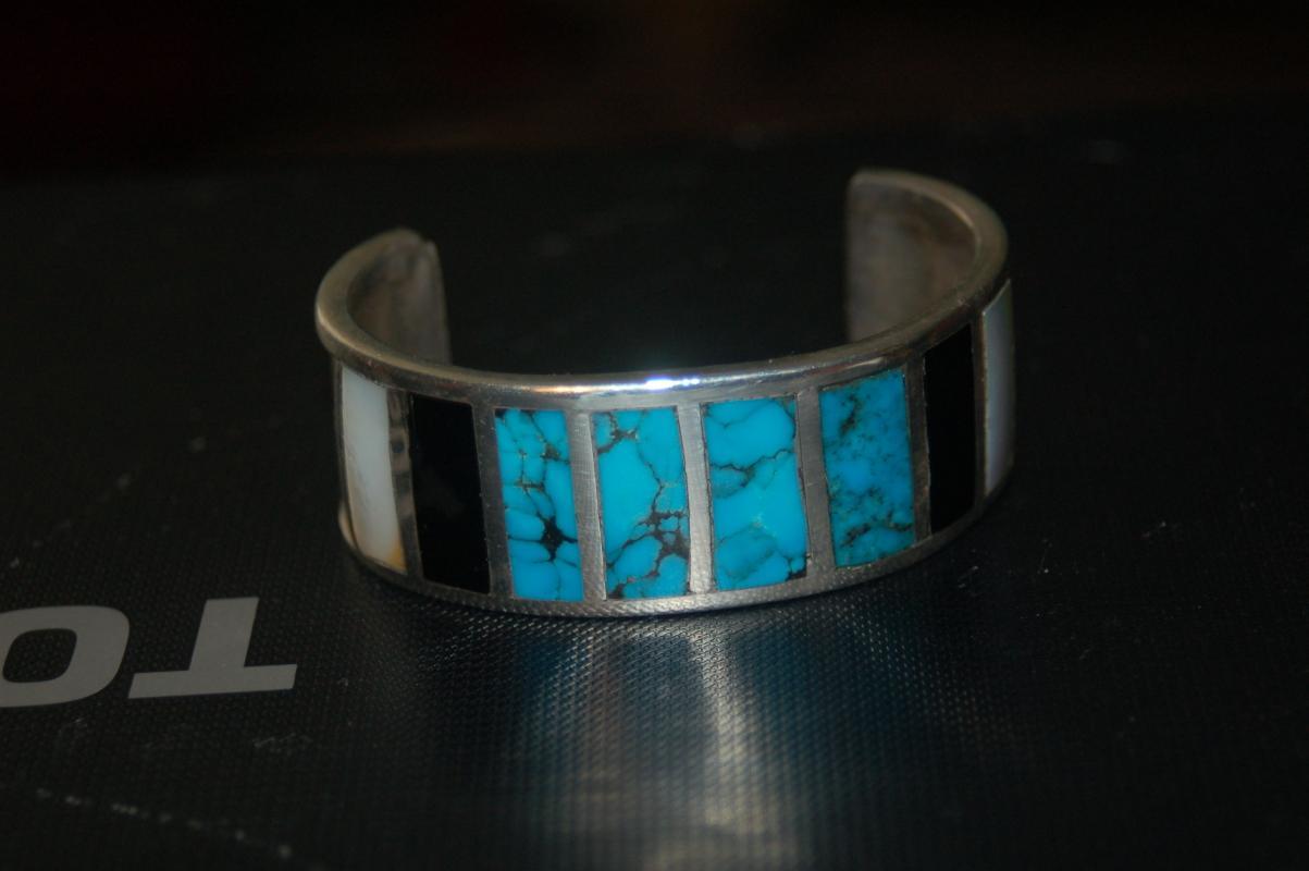 VINTAGE STERLING SILVER CUFF BRACELET WITH TURQOISE & GEMSTONES