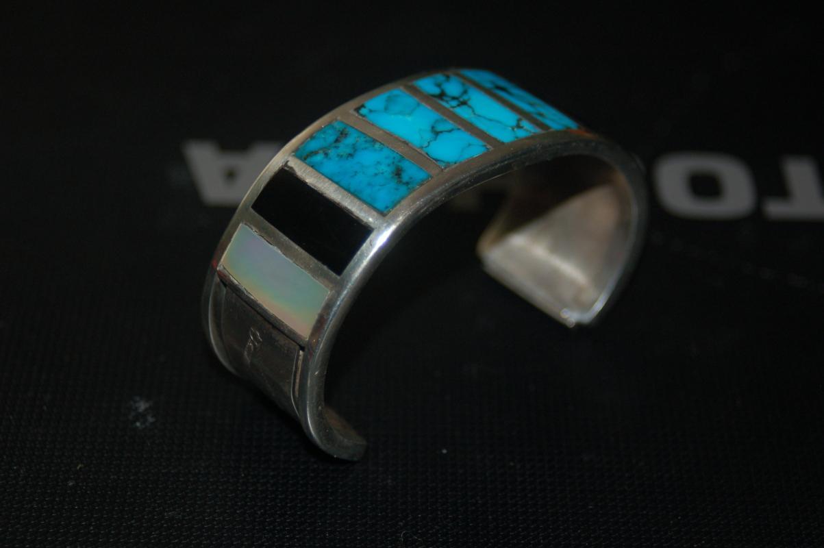 VINTAGE STERLING SILVER CUFF BRACELET WITH TURQOISE & GEMSTONES