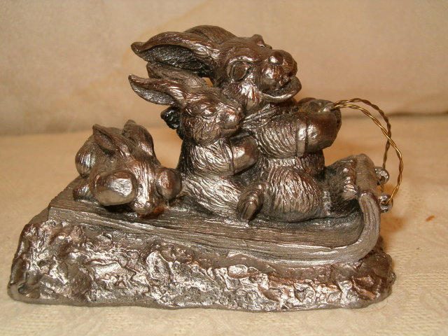 Pewter Ricker rabbits on toboggan rare