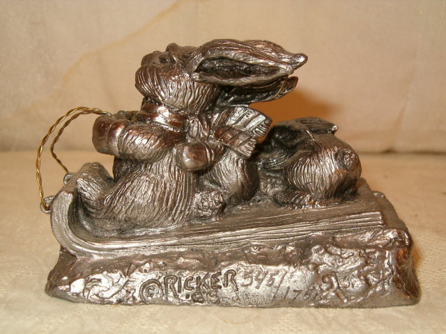 Pewter Ricker rabbits on toboggan rare