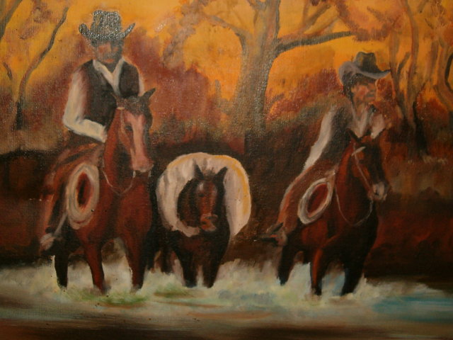 Western painting - cowboys crossing a river