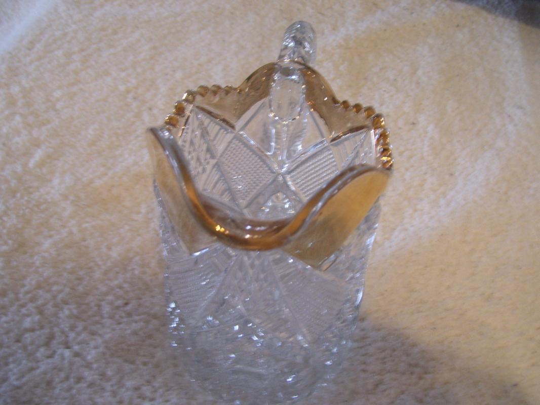 American Brilliant Cut Glass , Nearcut Pitcher with Gold Top