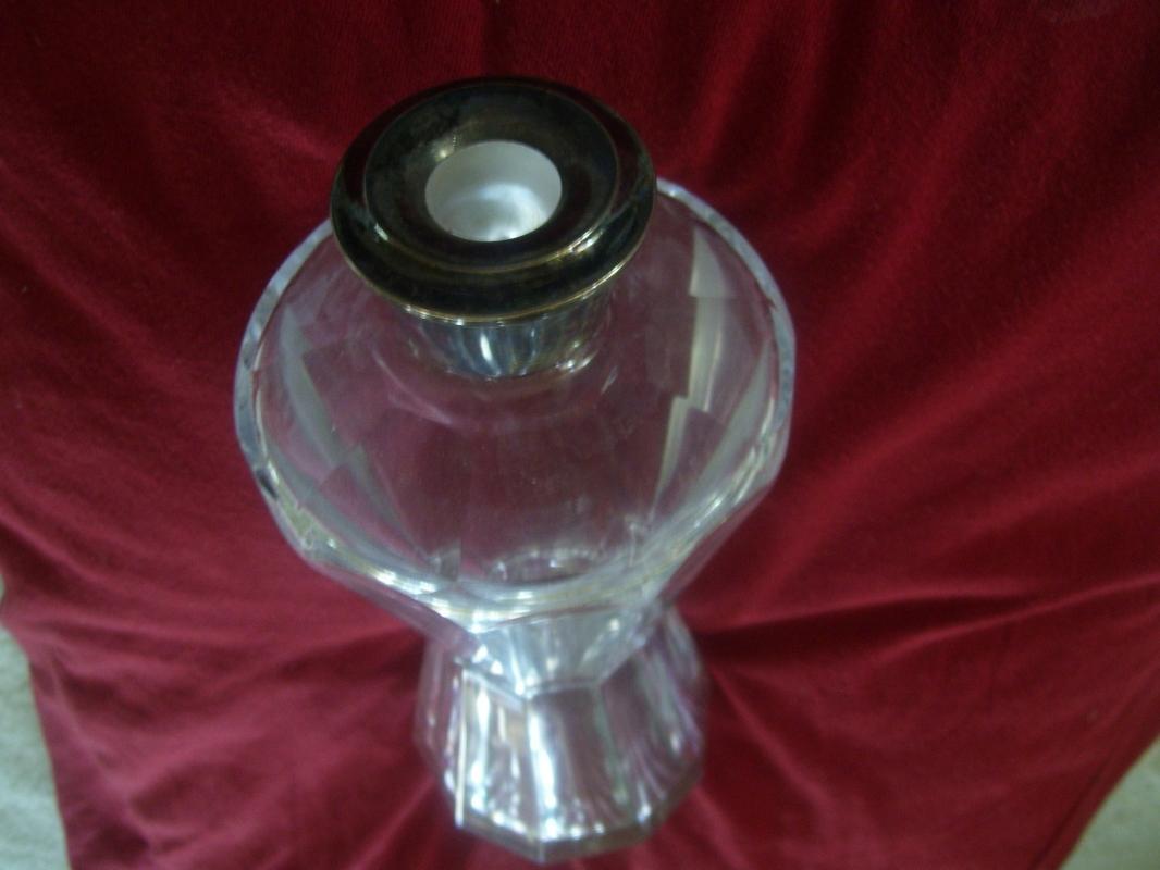 Brilliant Cut Crystal Decanter With Sterling Silver Collar by Malby , Stevens and Curtiss Co. in Wallingford Conn. Decanter is Attributed to Baccarat Crystal in France
