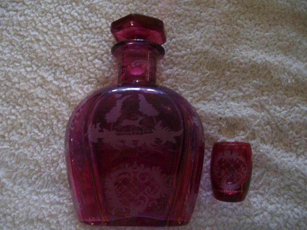 Cranberry Glass Liquor Dcanter and Shot Glass with Running Deer Decoration