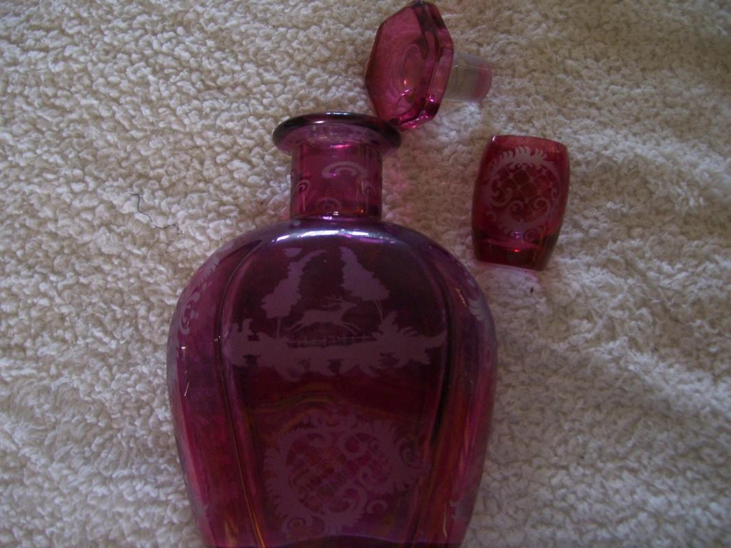 Cranberry Glass Liquor Dcanter and Shot Glass with Running Deer Decoration