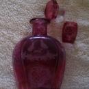 Cranberry Glass Liquor Dcanter and Shot Glass with Running Deer Decoration