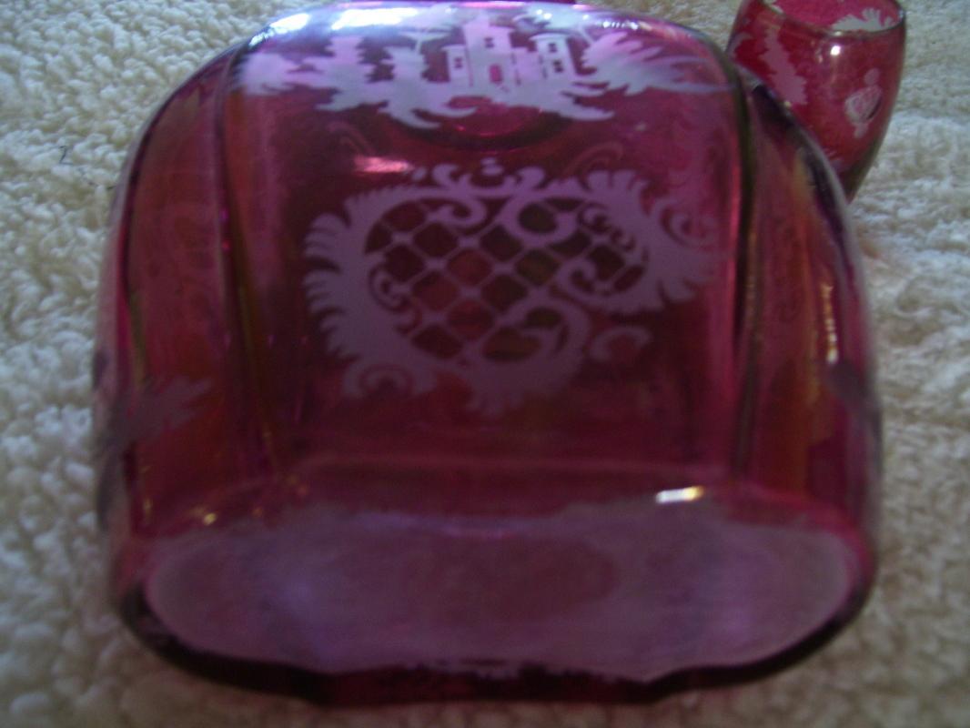 Cranberry Glass Liquor Dcanter and Shot Glass with Running Deer Decoration