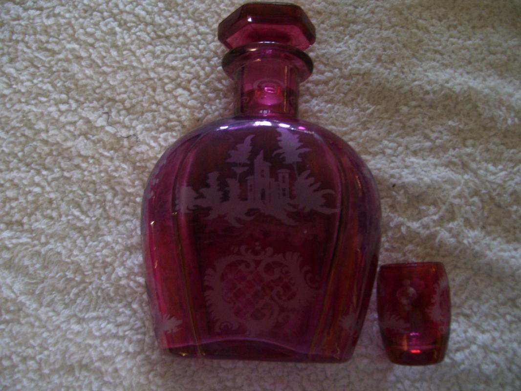 Cranberry Glass Liquor Dcanter and Shot Glass with Running Deer Decoration