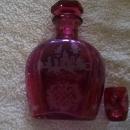 Cranberry Glass Liquor Dcanter and Shot Glass with Running Deer Decoration