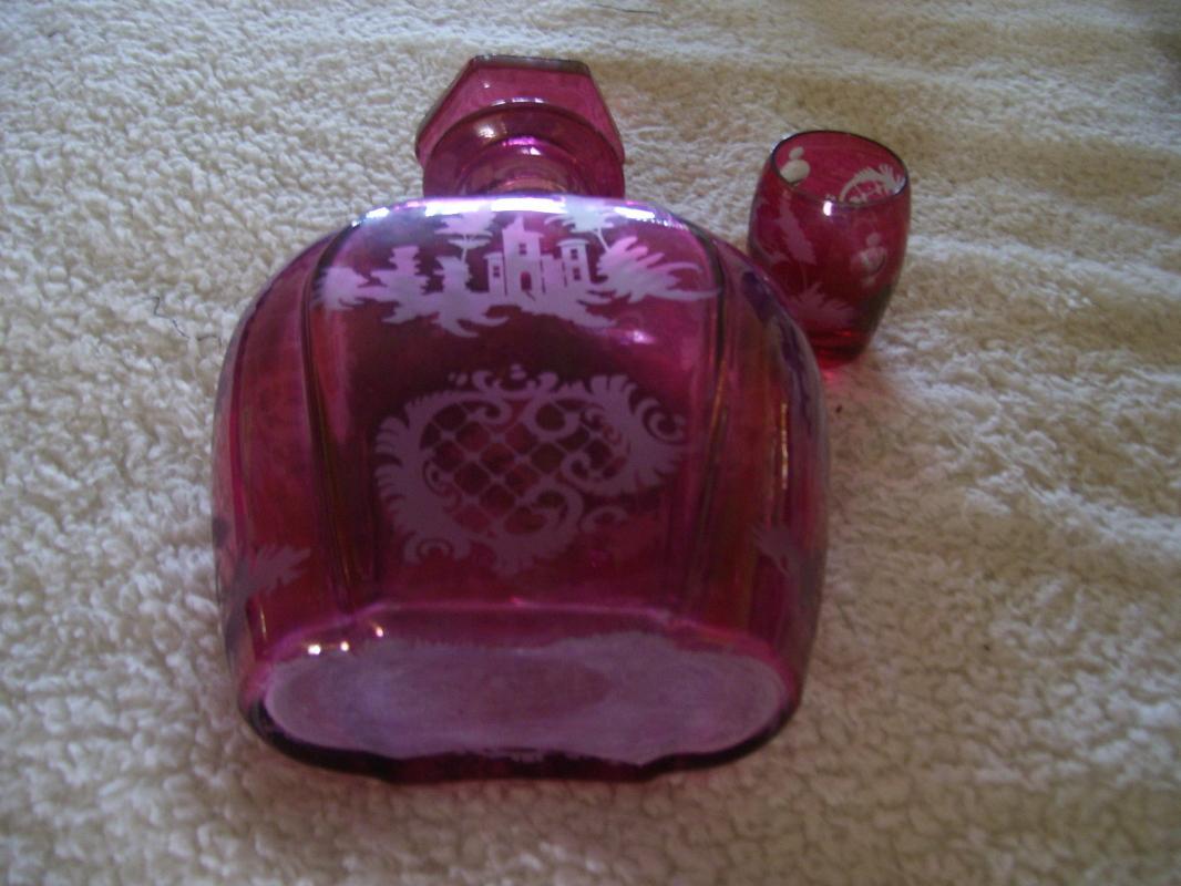 Cranberry Glass Liquor Dcanter and Shot Glass with Running Deer Decoration