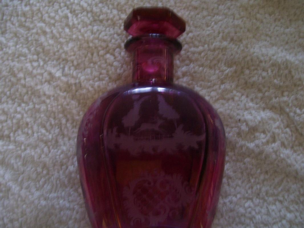 Cranberry Glass Liquor Dcanter and Shot Glass with Running Deer Decoration