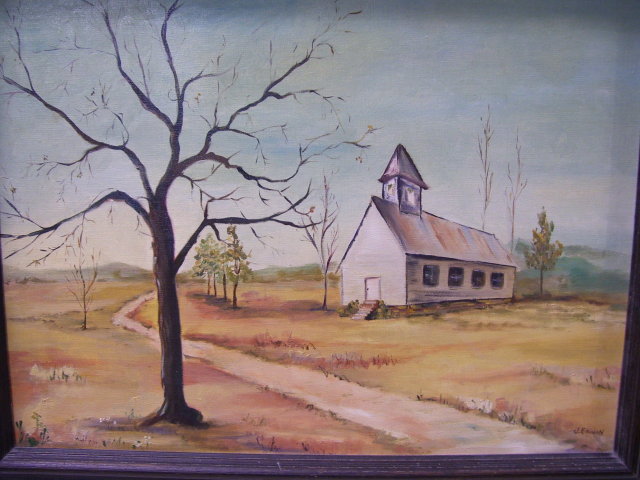Rual Church - John (Jack )Bruce Erwin, ( Texas 1920-2009 ) 18 by 24 inch Oil on Canvas-Rual Church/Landscape