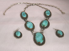Ladys Matching Necklace and Earring Set- An Authenic Rare-Bisbee Turquoise-Artist signed-Sterling Silver (97 grams) Necklace and Earrings