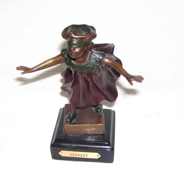 Signed '' C. Ferratt '' Blind Man's Bluff '' Bronze Sculpture