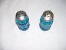 Vintage Blue Beaded Stretched Thumb print glass Salt & Pepper Shakers