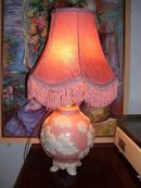 Aladdin, Ivory Opal-Alacite 1938 Glass, Electric, Bedside Table Lamp in Pink and white Floral Motif