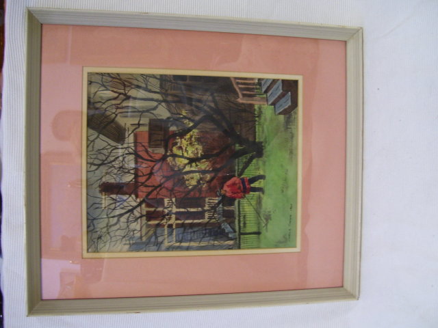 Man Raking the Yard, Fredrick Simpson, Signed and dated 1947- water color on paper