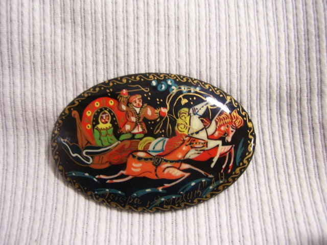Russian Miniture Art Broach Black Lacquer Paper