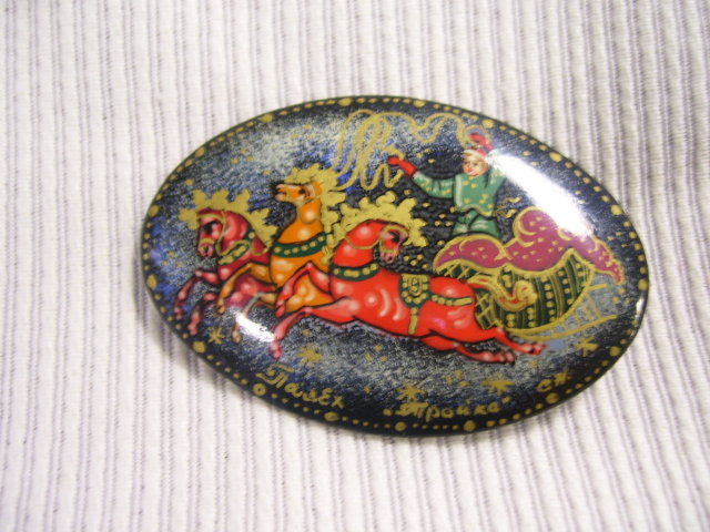 Russian Miniture Art Broach Black Lacquer Paper