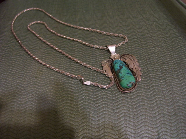 Turquoise Sterling Leaf Pendant /Sterling Silver Necklass