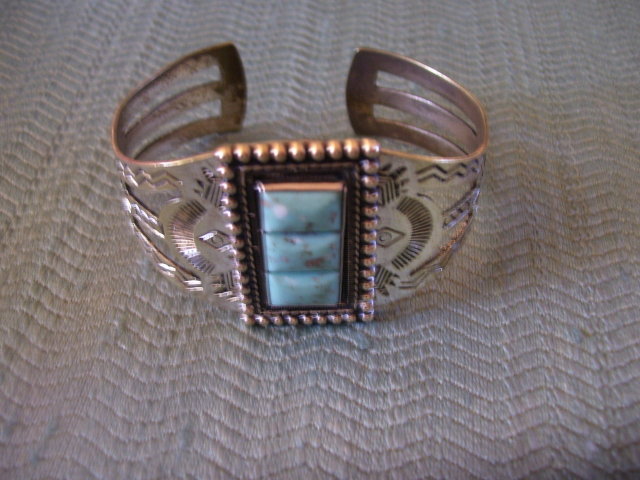 Tuquoise Cuff Bracelet -Three Stone-Engraved Cuff Silver Design