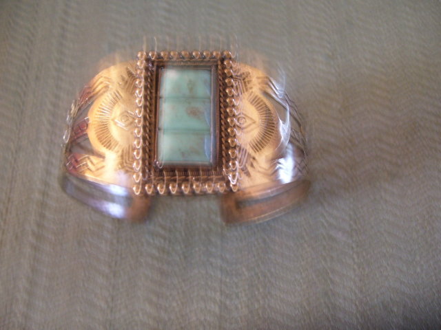Tuquoise Cuff Bracelet -Three Stone-Engraved Cuff Silver Design