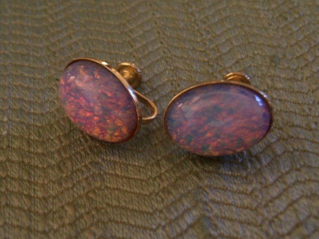 Opal Earrings-Vintage Screw Back-Firey Pink and Blue